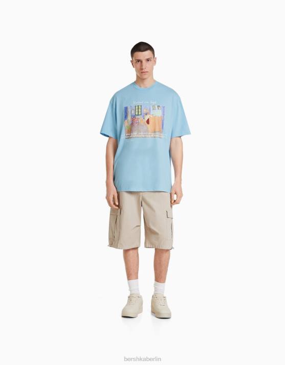 hellblau Bershka Männer Kurzärmliges, kastenförmiges T-Shirt mit Van-Gogh-Aufdruck H00J2627