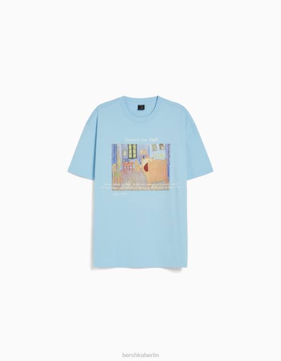 hellblau Bershka Männer Kurzärmliges, kastenförmiges T-Shirt mit Van-Gogh-Aufdruck H00J2627