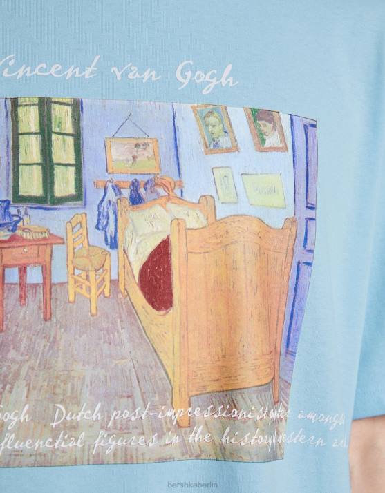 hellblau Bershka Männer Kurzärmliges, kastenförmiges T-Shirt mit Van-Gogh-Aufdruck H00J2627