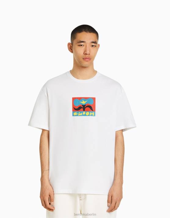 nicht-gerade weiss Bershka Männer Bedrucktes, kastenförmiges, kurzärmliges T-Shirt H00J2710