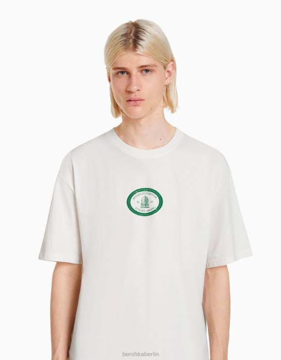 nicht-gerade weiss Bershka Männer Bedrucktes, kastenförmiges, kurzärmliges T-Shirt H00J2777