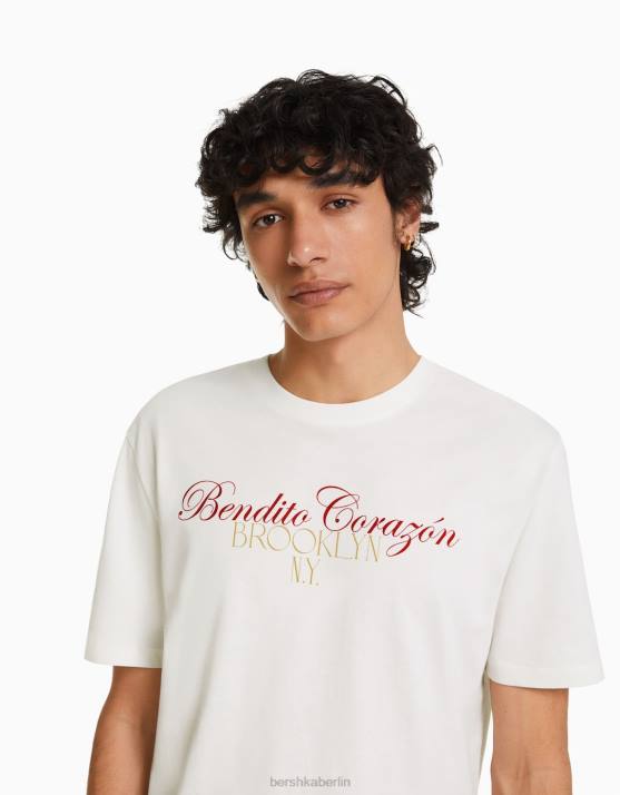 nicht-gerade weiss Bershka Männer Kurzärmliges T-Shirt mit entspannter Passform und Aufdruck H00J2808