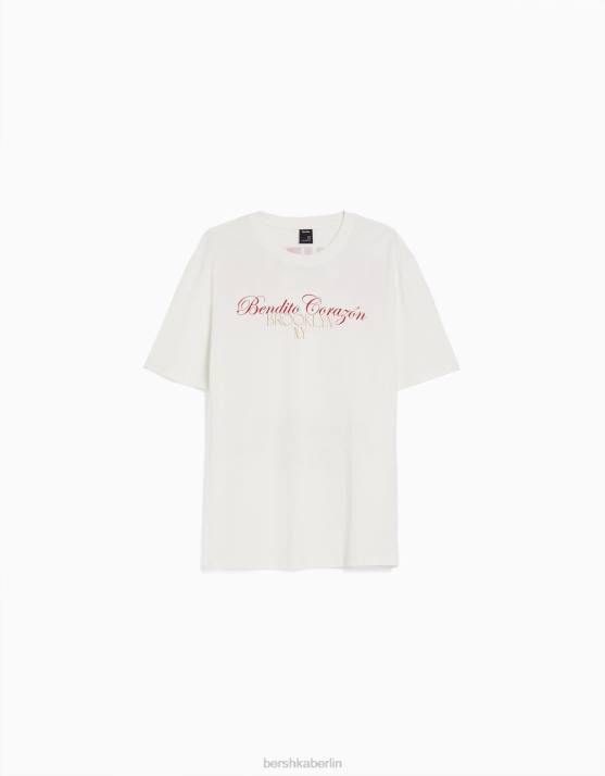 nicht-gerade weiss Bershka Männer Kurzärmliges T-Shirt mit entspannter Passform und Aufdruck H00J2808