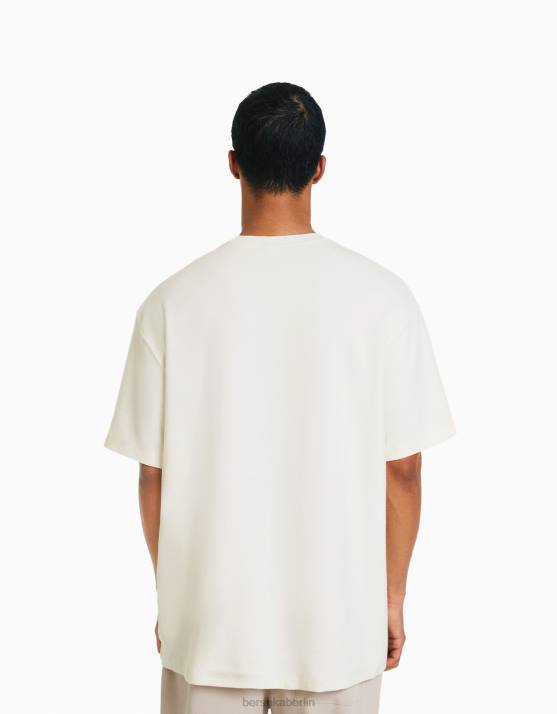 nicht-gerade weiss Bershka Männer Kurzärmliges, kastenförmiges, geripptes T-Shirt mit Blumendruck H00J2671