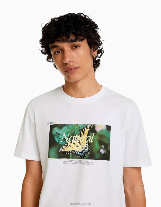 nicht-gerade weiss Bershka Männer Kurzarm-T-Shirt mit Aufdruck H00J2798