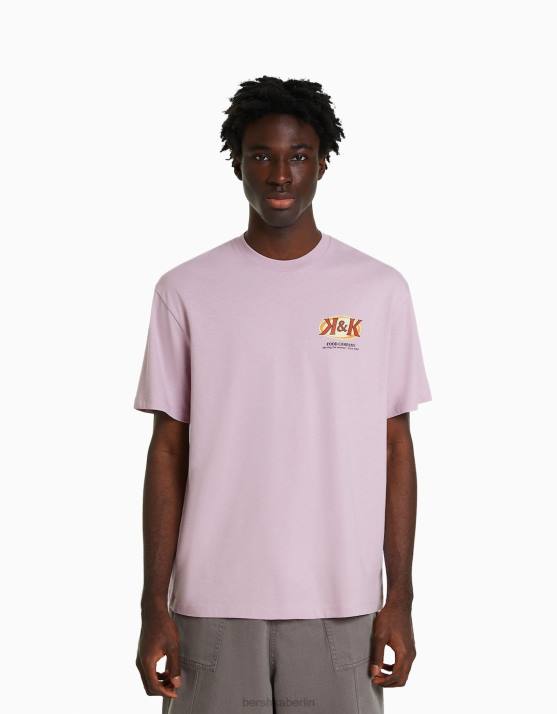violett Bershka Männer Kurzarm-T-Shirt mit Aufdruck H00J2756