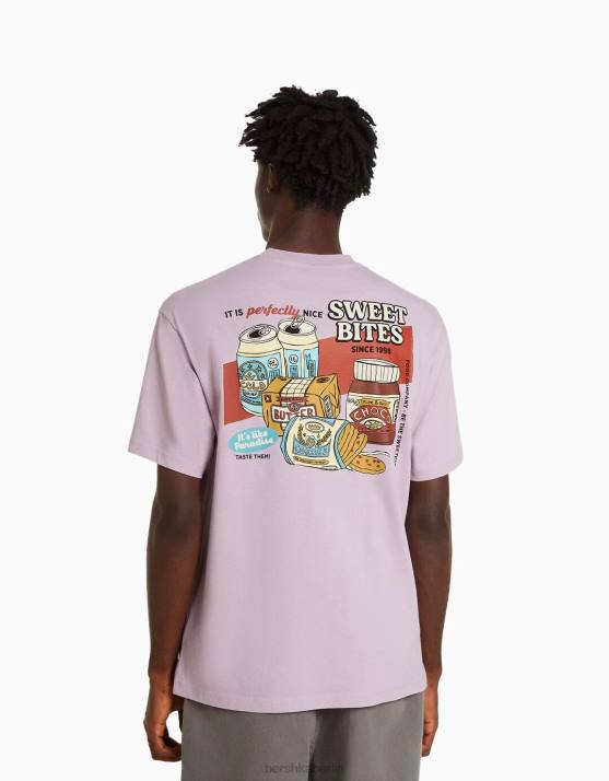 violett Bershka Männer Kurzarm-T-Shirt mit Aufdruck H00J2756