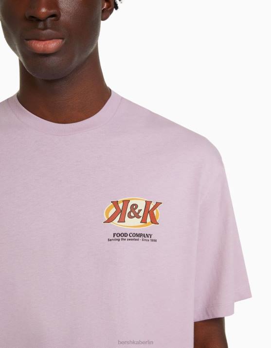 violett Bershka Männer Kurzarm-T-Shirt mit Aufdruck H00J2756