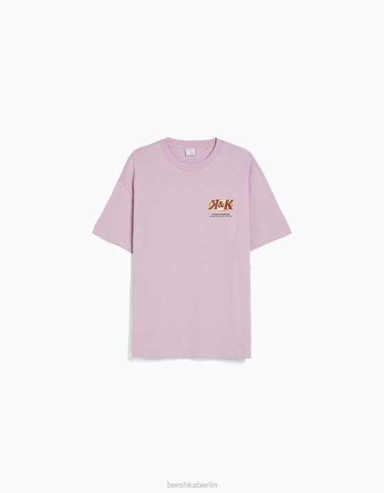 violett Bershka Männer Kurzarm-T-Shirt mit Aufdruck H00J2756