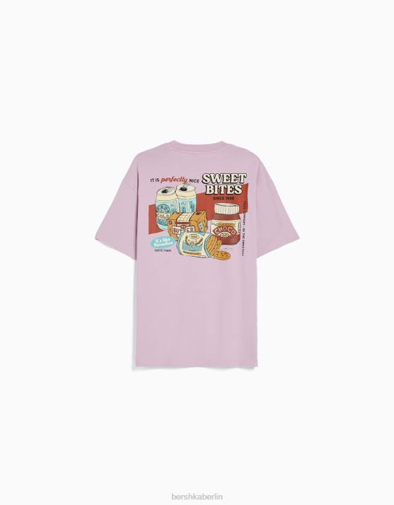 violett Bershka Männer Kurzarm-T-Shirt mit Aufdruck H00J2756