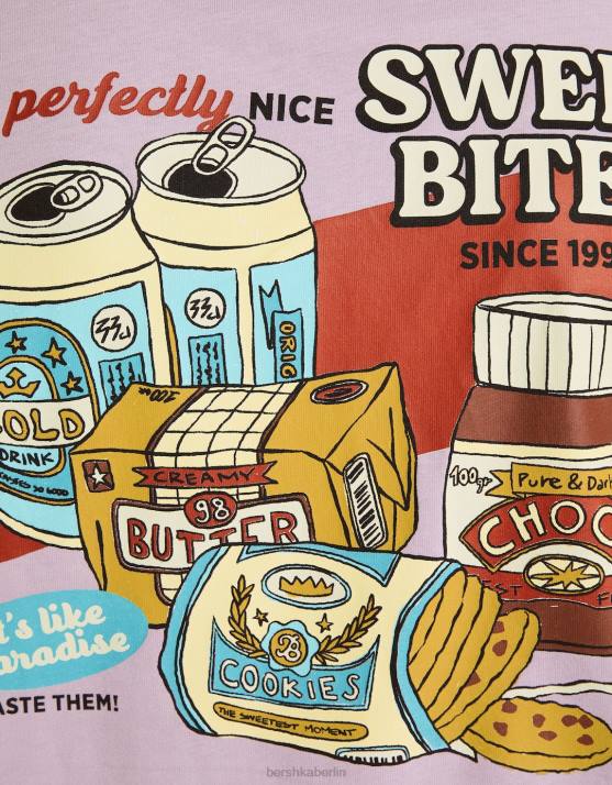 violett Bershka Männer Kurzarm-T-Shirt mit Aufdruck H00J2756