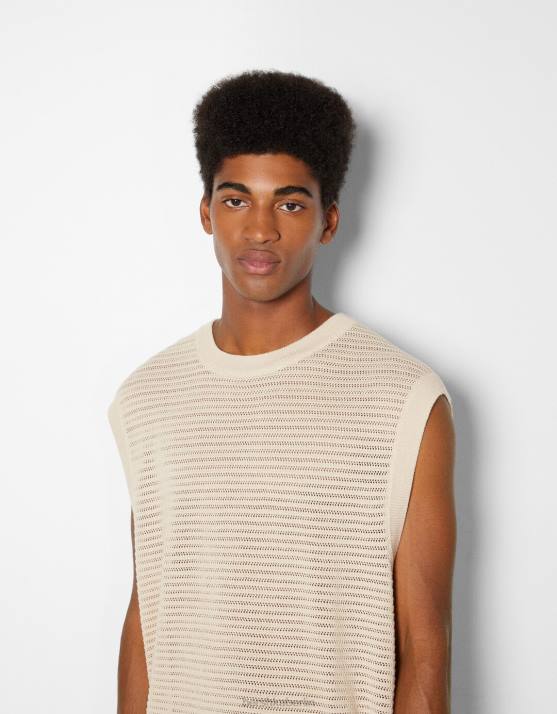 Creme Bershka Männer Mesh-Strickweste H00J3002