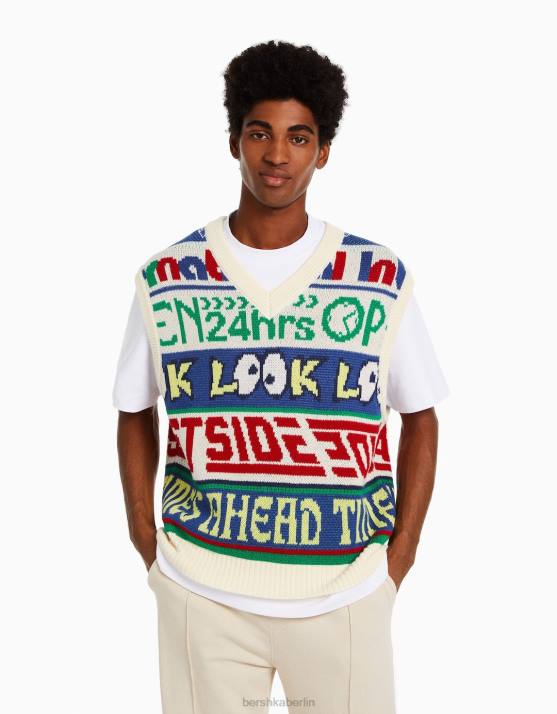 Creme Bershka Männer Strickweste mit Intarsienmuster und V-Ausschnitt H00J3007