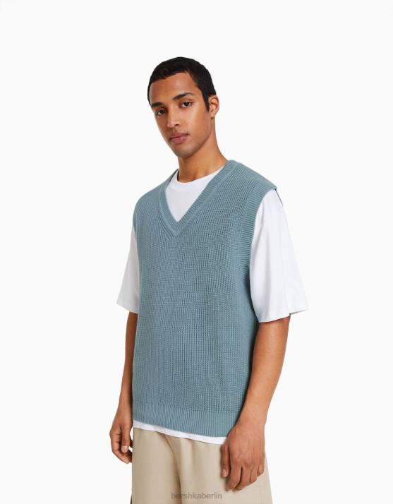 hellblau Bershka Männer Strickweste mit V-Ausschnitt H00J2999