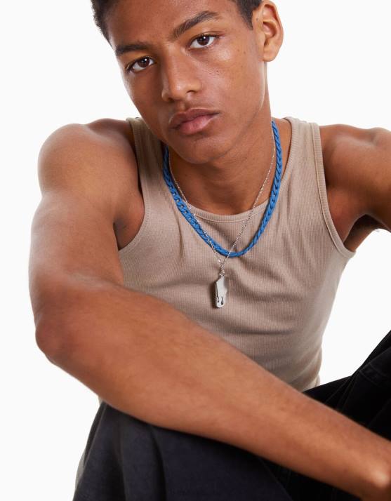 Blau Bershka Männer farbige Halskette mit Etikett H00J3684