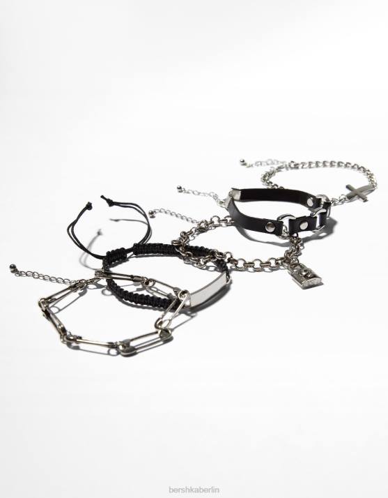 Schwarz Bershka Männer Set mit 5 Sicherheitsnadel-Armbändern H00J3656