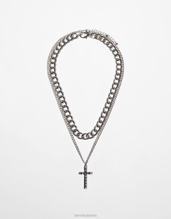 Silber Bershka Männer Kreuz Halskette H00J3682
