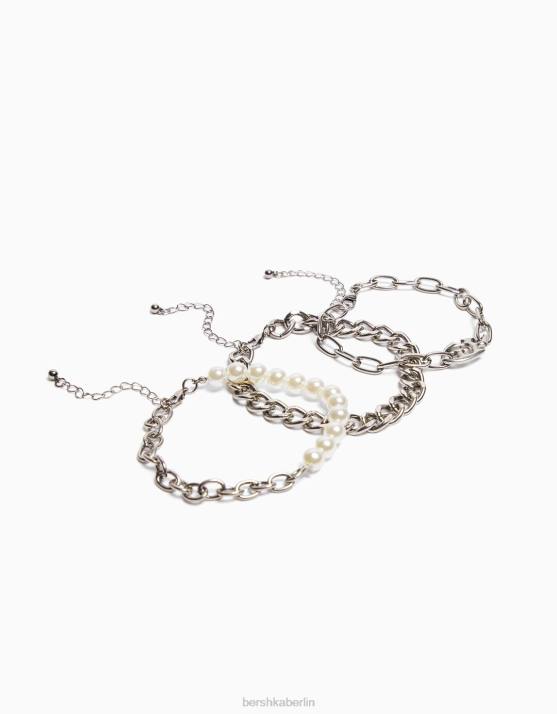 Silber Bershka Männer Packung mit 3 Perlenkettenarmbändern H00J3648