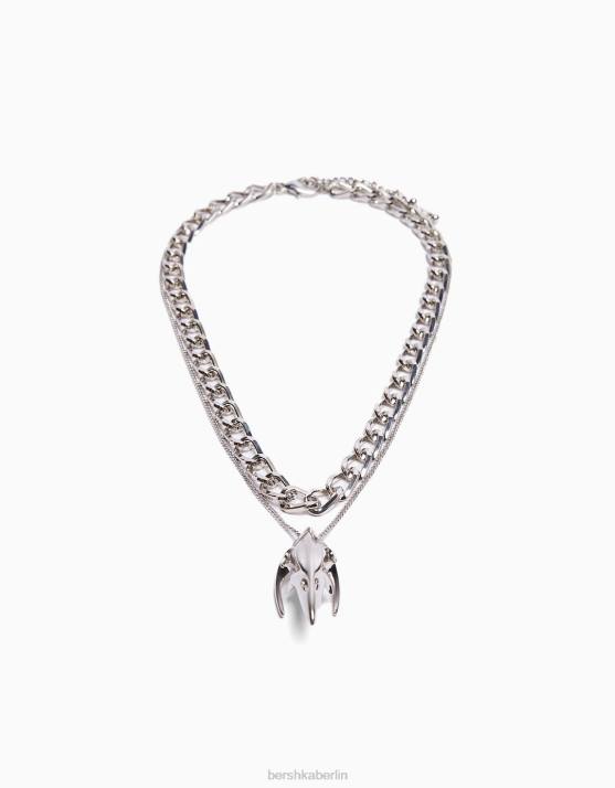 Silber Bershka Männer Totenkopf-Halskette H00J3687