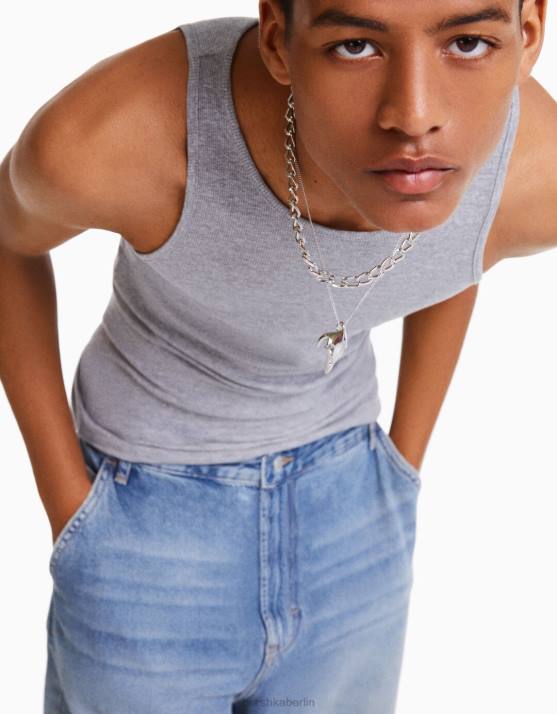 Silber Bershka Männer Totenkopf-Halskette H00J3687