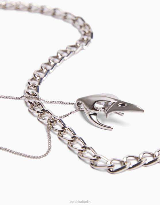 Silber Bershka Männer Totenkopf-Halskette H00J3687
