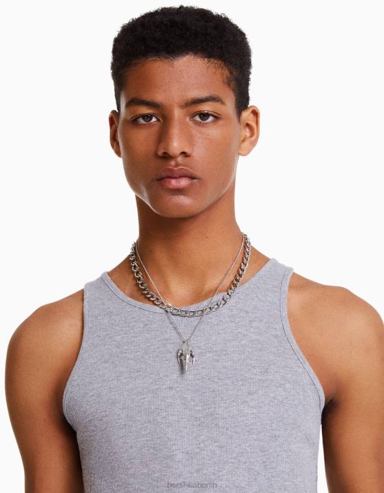 Silber Bershka Männer Totenkopf-Halskette H00J3687