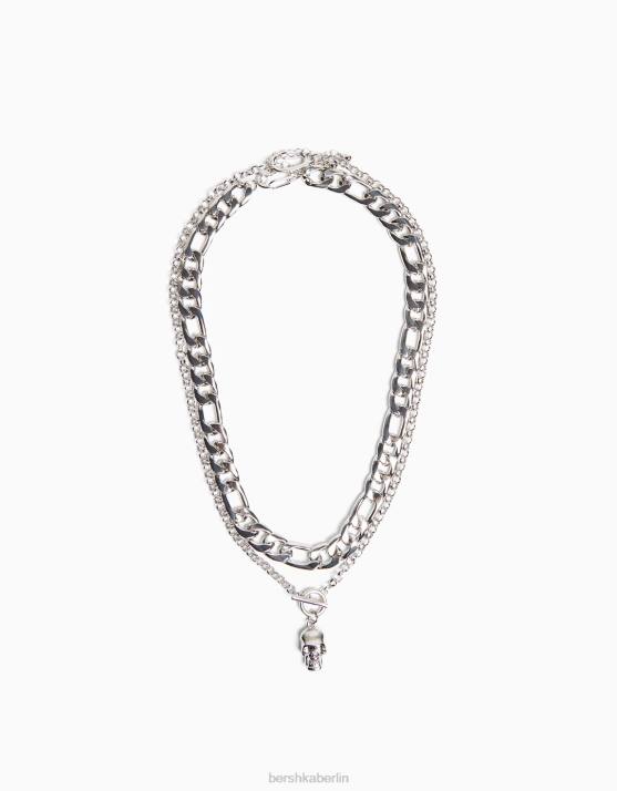 Silber Bershka Männer Totenkopf-Halskette H00J3689