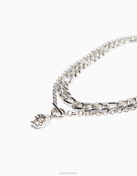 Silber Bershka Männer Totenkopf-Halskette H00J3689