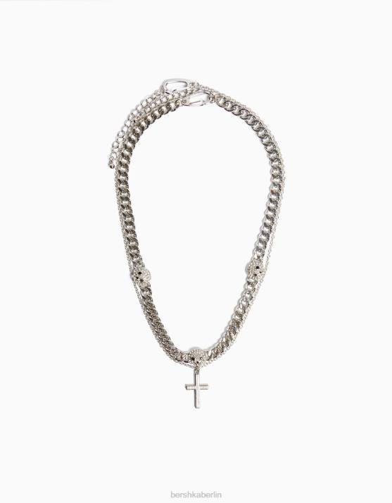 Silber Bershka Männer Totenkopf-Kreuz-Halskette H00J3690