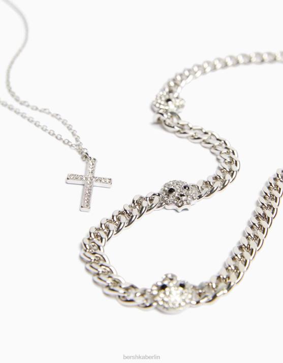 Silber Bershka Männer Totenkopf-Kreuz-Halskette H00J3690