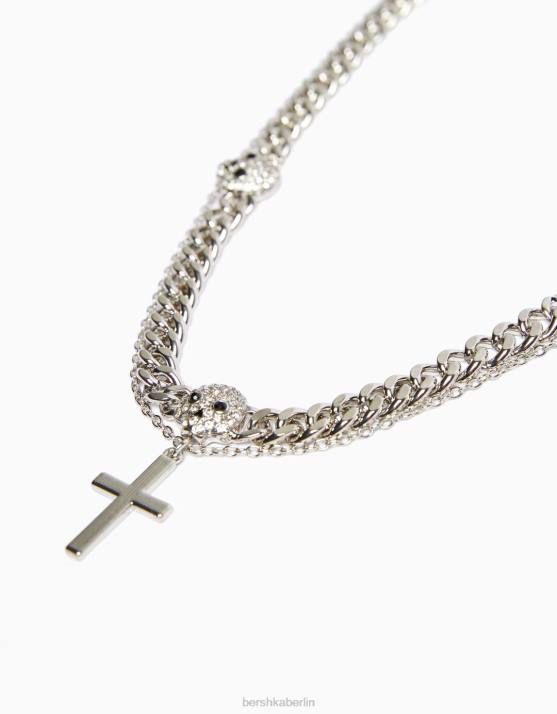 Silber Bershka Männer Totenkopf-Kreuz-Halskette H00J3690