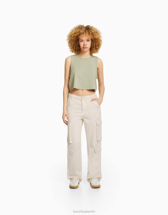 Creme Bershka unisex Verstellbare Cargohose aus Twill mit mehreren Taschen H00J3872