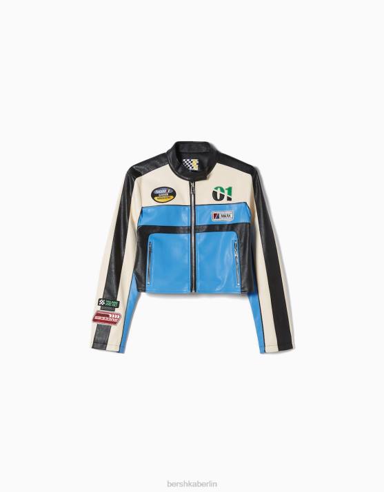 Blau Bershka unisex Rennjacke aus Kunstleder H00J4156