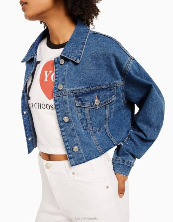 Blau Bershka unisex kurze Jeansjacke H00J4152