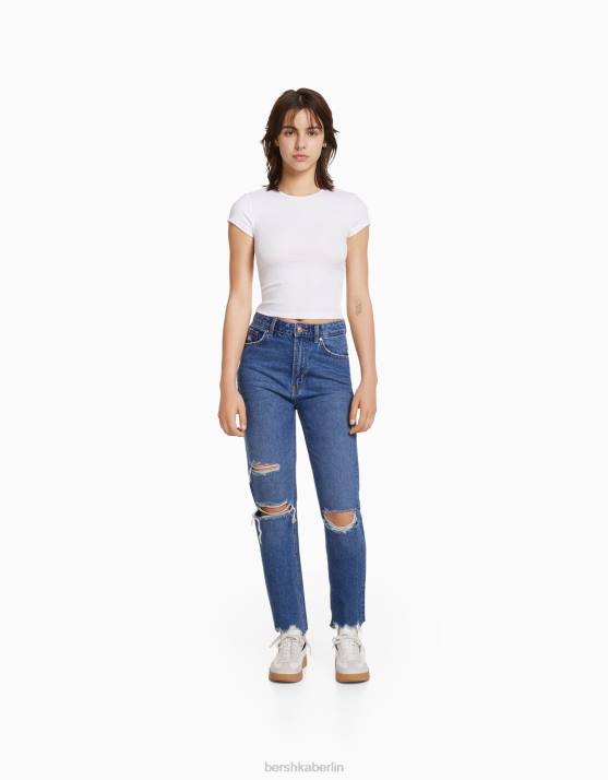 Blau Bershka unisex Zerrissene Mom-Jeans H00J3951