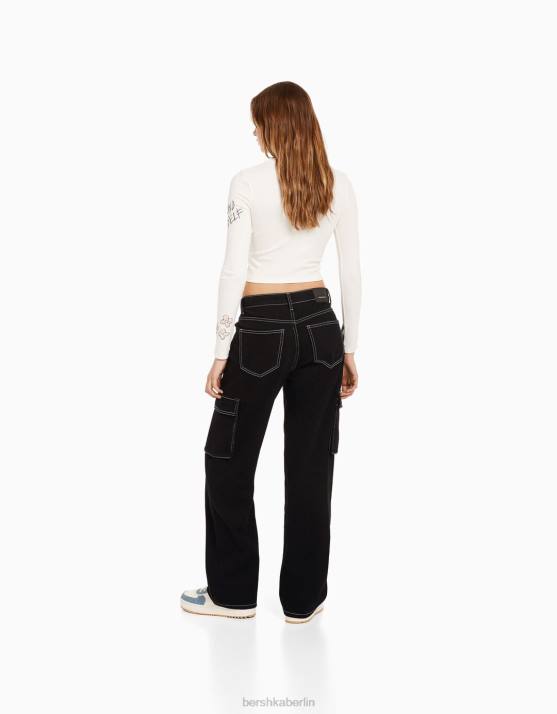 Schwarz Bershka unisex Gerade geschnittene Cargo-Jeans H00J3913