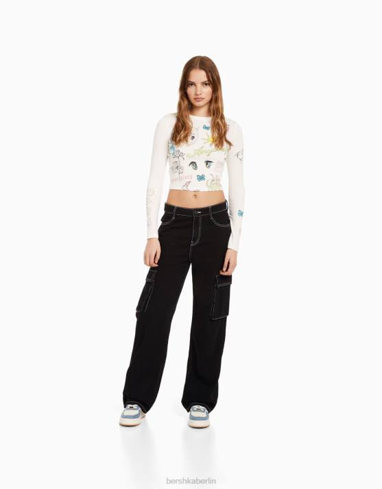 Schwarz Bershka unisex Gerade geschnittene Cargo-Jeans H00J3913