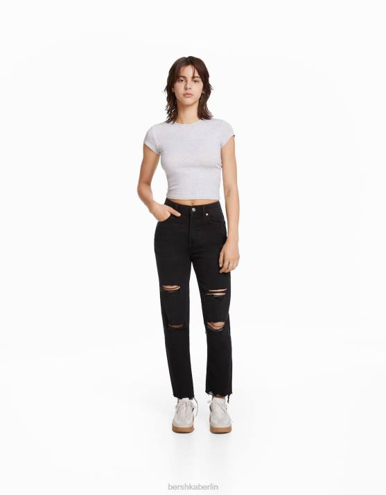 Schwarz Bershka unisex Zerrissene Mom-Jeans H00J3952