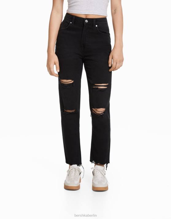 Schwarz Bershka unisex Zerrissene Mom-Jeans H00J3952