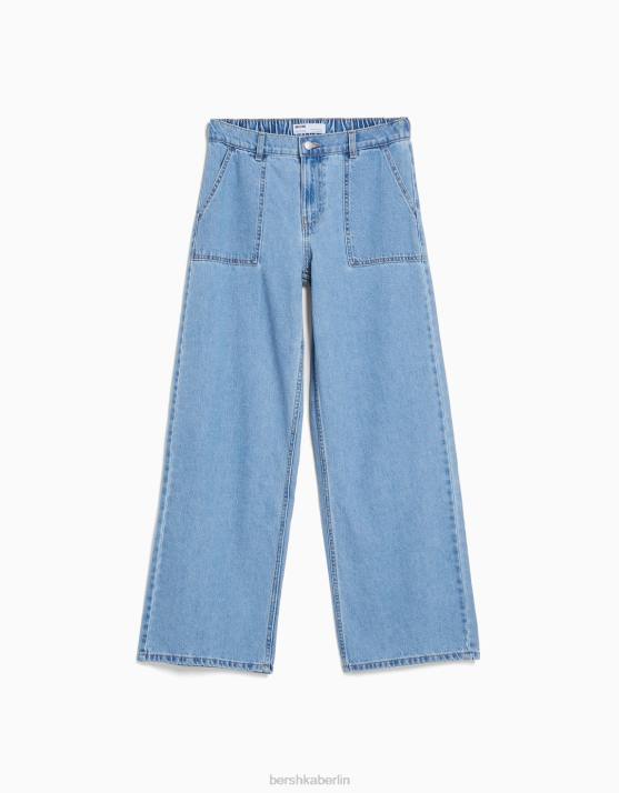 hellblau Bershka unisex 90er-Jahre-Jeans mit elastischem Bund und Tasche H00J3964