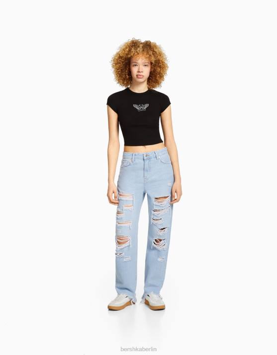 hellblau Bershka unisex Zerrissene, kurze Jeans mit geradem Bein H00J3962