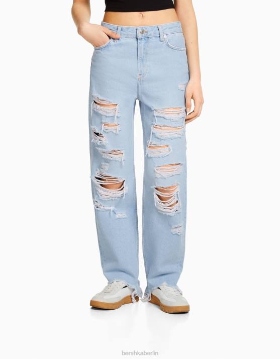 hellblau Bershka unisex Zerrissene, kurze Jeans mit geradem Bein H00J3962