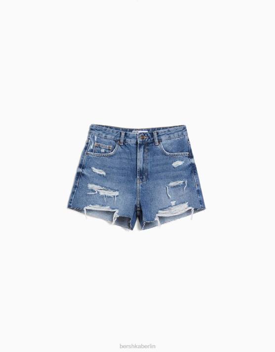 Blau Bershka unisex zerrissene Jeansshorts mit Taschen H00J4047