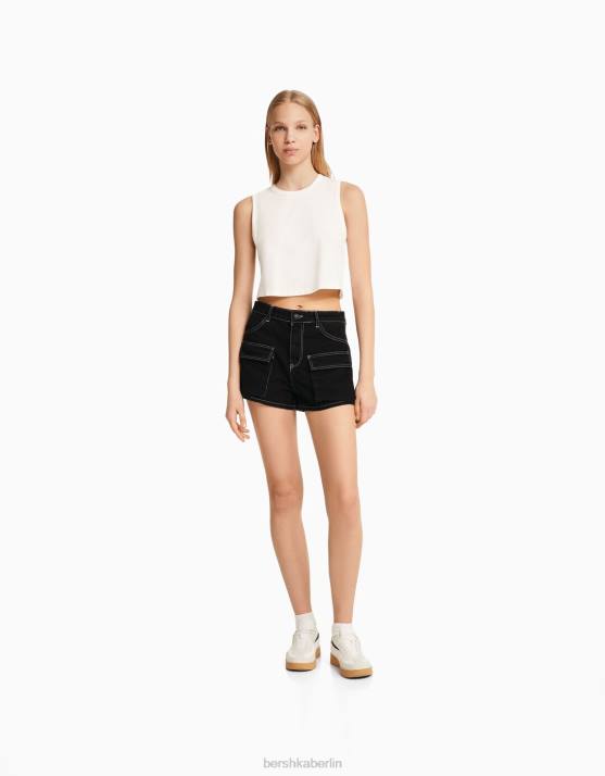 Schwarz Bershka unisex Denim-Cargo-Shorts H00J4007