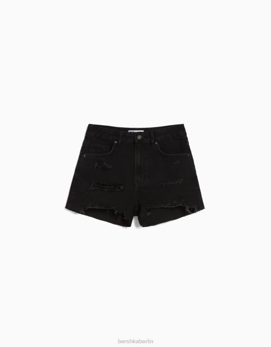 Schwarz Bershka unisex zerrissene Jeansshorts mit Taschen H00J4045