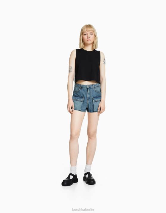 blau verwaschen Bershka unisex Denim-Cargo-Shorts H00J4009