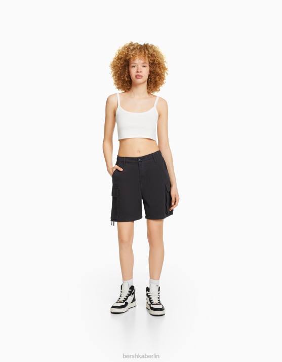 dunkelgrau Bershka unisex Cargo-Bermudashorts aus Baumwolle mit Trägern H00J4026