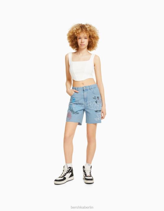 hellblau Bershka unisex Bedruckte Denim-Bermudashorts H00J4010