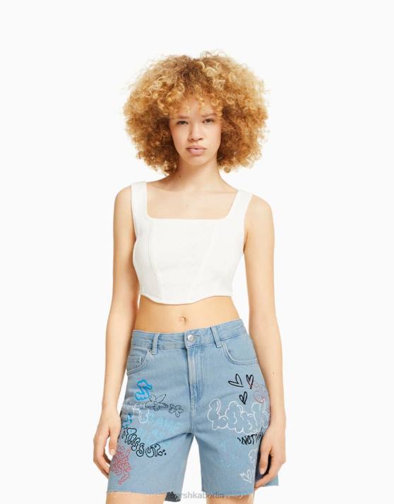 hellblau Bershka unisex Bedruckte Denim-Bermudashorts H00J4010