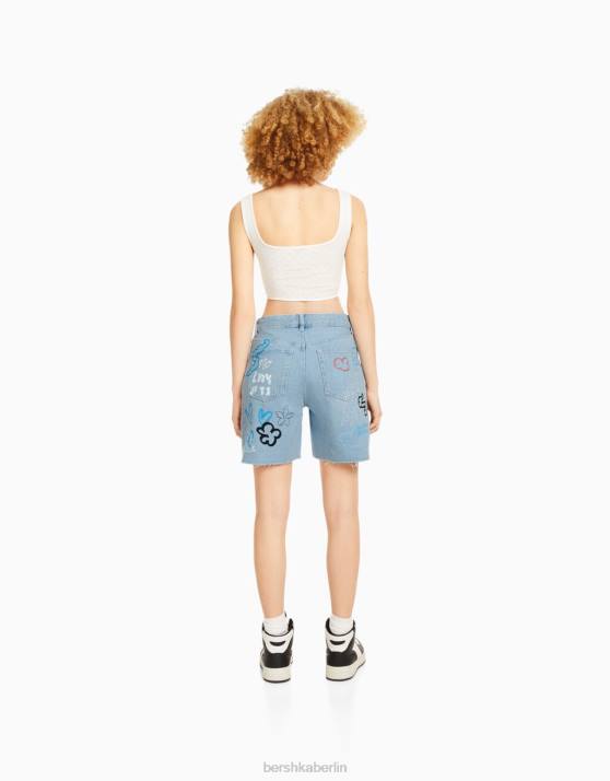 hellblau Bershka unisex Bedruckte Denim-Bermudashorts H00J4010